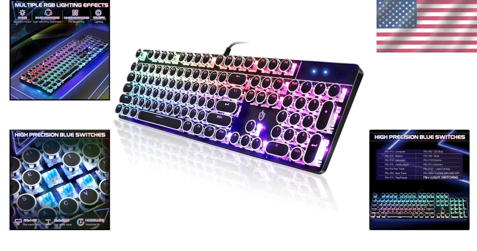 Vintage Style Blue Switch Gaming Keyboard with RGB Backlit - Image 2 of 4