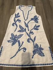 Tory Burch Talisay Embroidered Floral Linen Coverup Dress White Blue Small
