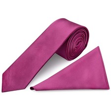 Plain Fuchsia Pink Satin Skinny Boys Tie and Pocket Square Set Wedding Prom