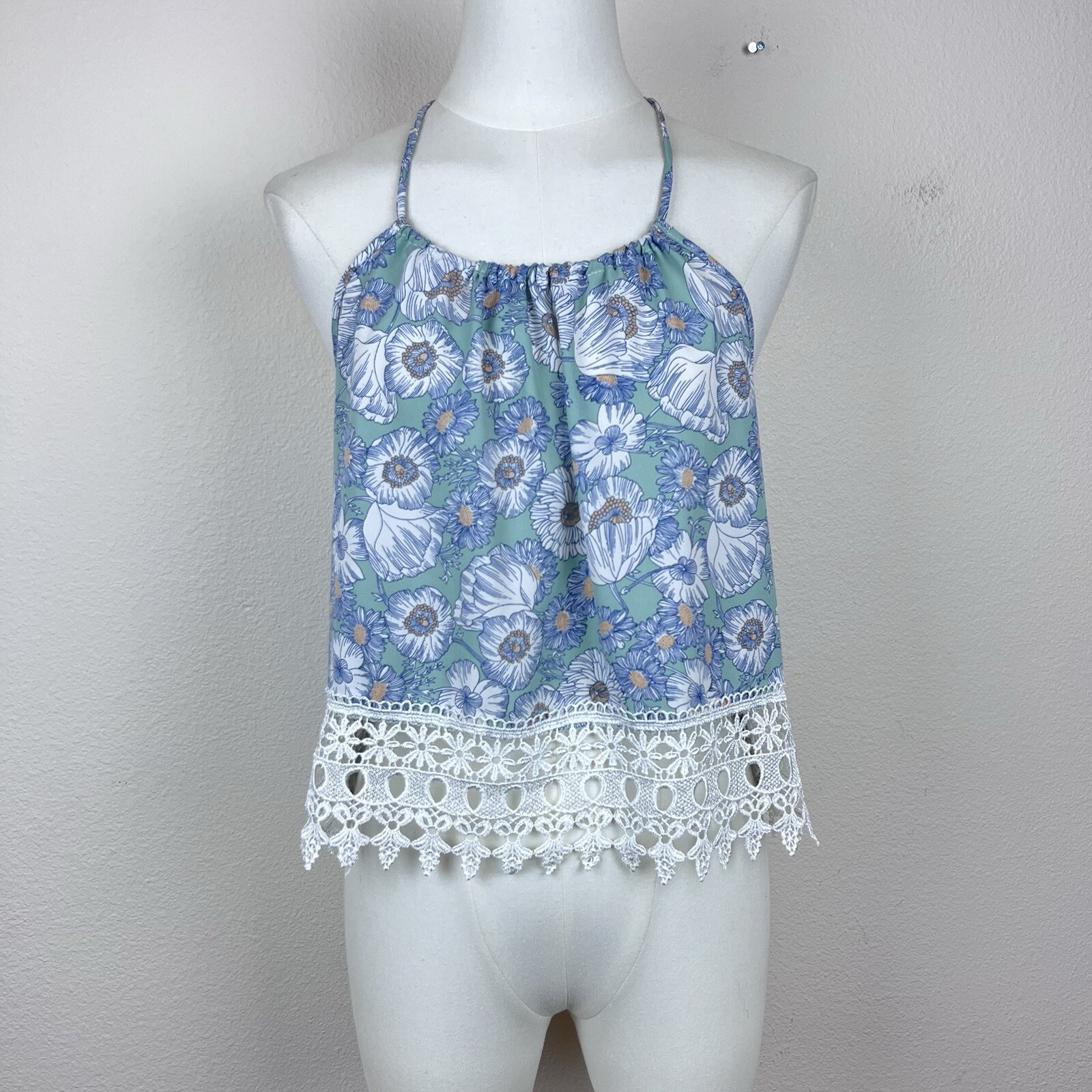 Vintage Top Womens Small Floral Lace Blouse Tank Cropped 90s Y2K USA Made Blue