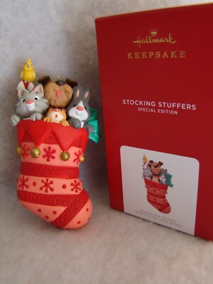 New HALLMARK Red Stocking Stuffers Dog Bunny Cat Cockatoo Hamster Ornament 