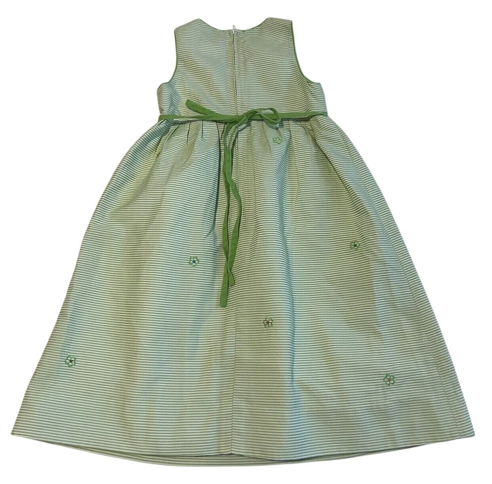 Vestido Florence Eiseman Niñas Verde Rayas Cinturón Plisado Floral Bordado Talla 4 Foto 2 de 4