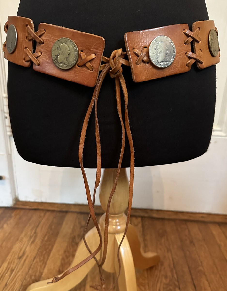 Vintage Southwestern Boho Leather Panel Brass & Silver Coin  display picture 3