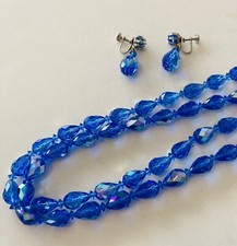 Vintage Faceted Blue Crystal Double Strand Necklace + Earrings Rhinestone Clasp