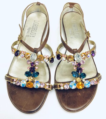Loriblu Italian Leather Crystal Embellished Brown Flat Sandals $670