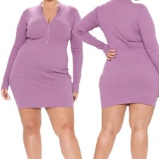 Fashion Nova Plus Size 1X Dress Ribbed Knit Zip Front Bodycon Long Sleeve Purple