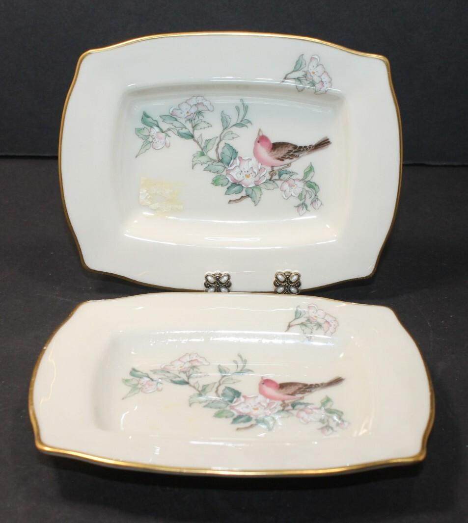 Vintage Lenox USA Hand Decorated 24K Gold Bird Serenade Tray 5.25  Set of 2