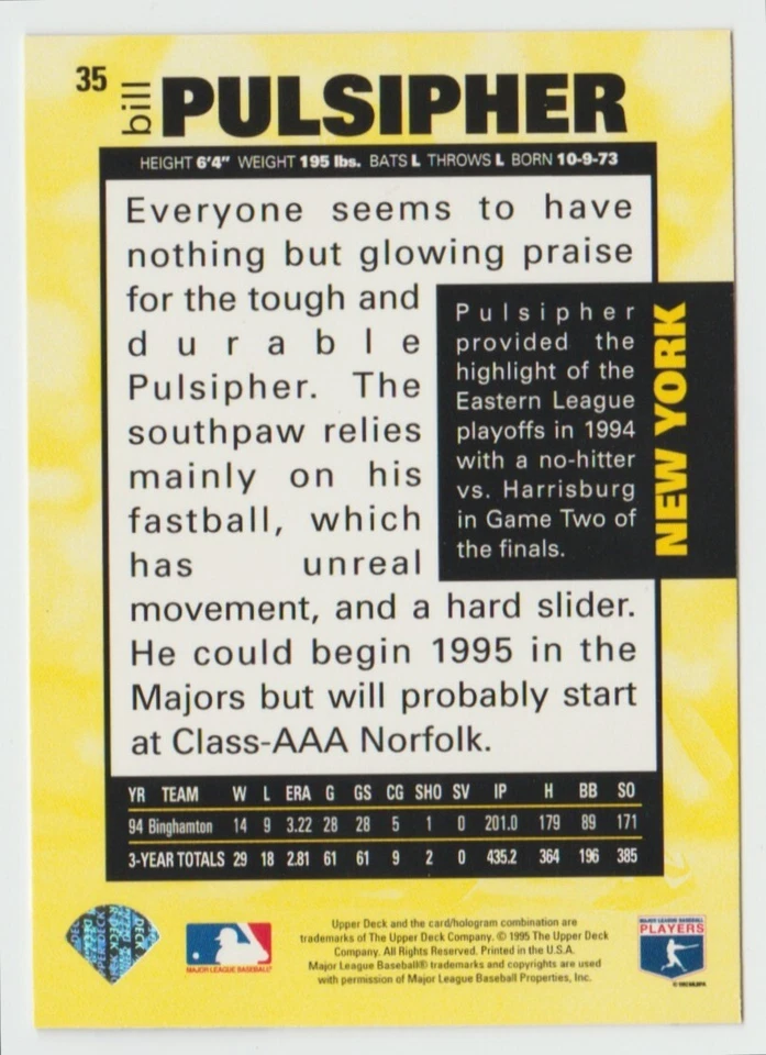 1995 Collector's Choice #35 Bill Pulsipher - New York Mets - Image 2 of 2
