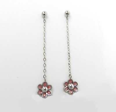 BEAUTIFUL PINK FLOWER 14K WHITE GOLD DANGLING HANDCRAFTED EARRINGS