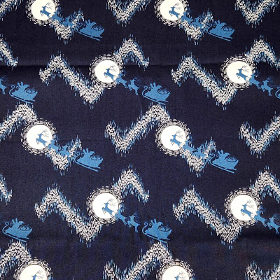 Reindeer Santa Sleigh Cotton Fabric Christmas 3 Yards 44'' Navy Blue White Moon