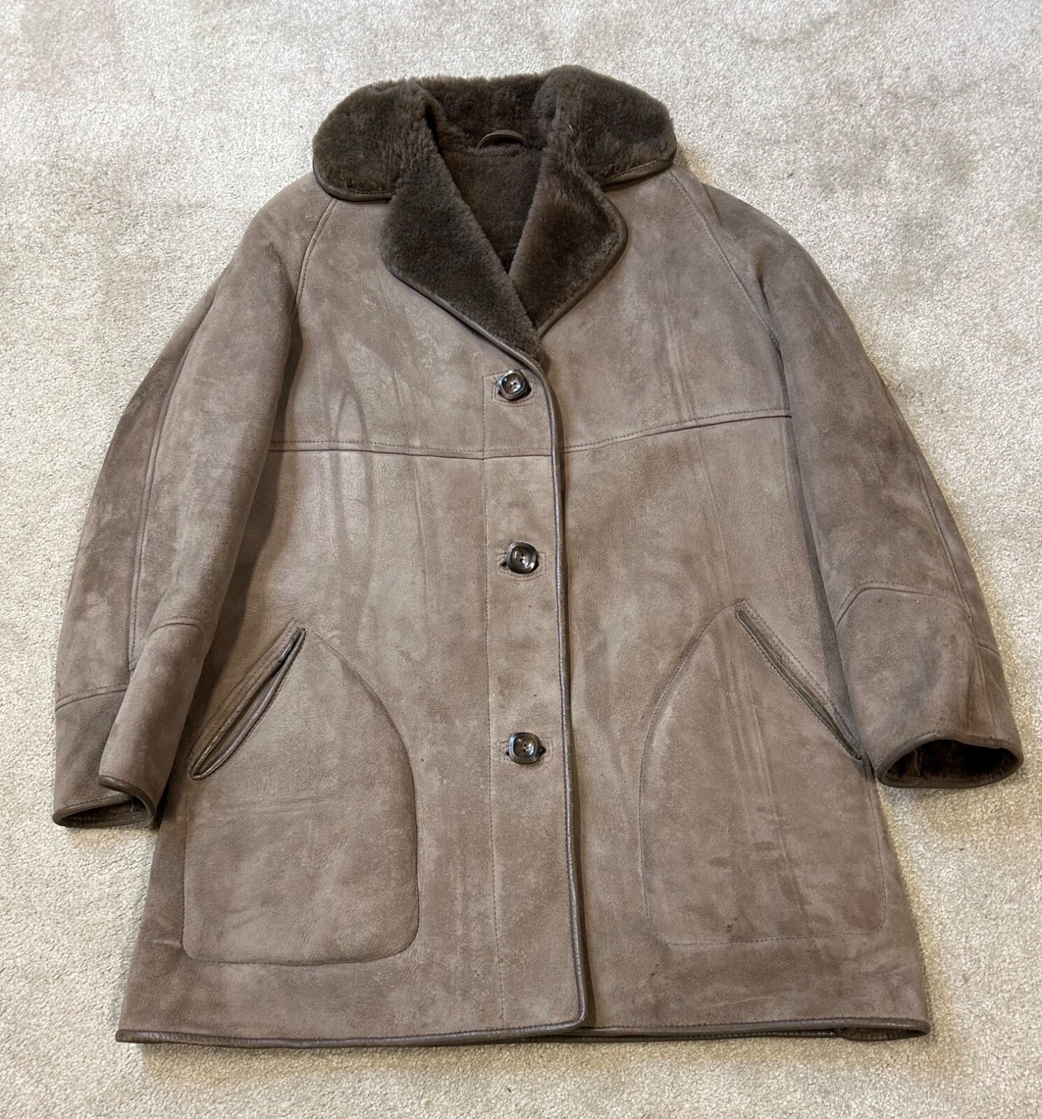 LAKELAND Ladies Sheepskin Coat Brown Suede Vintage Button Up Jacket Large / 14