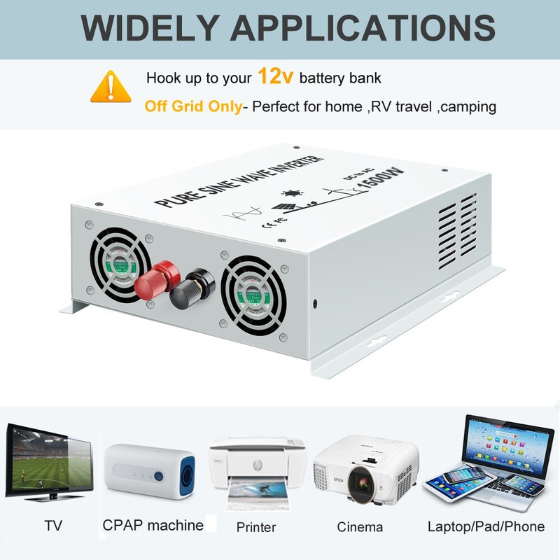 1500 Watt 12V to 120V DC to AC Power Pure Sine Wave Inverter Solar Home Car Camp