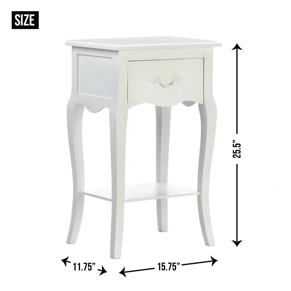 White Accent Side End Table Pull Out Drawer Lower Open Shelf Furniture New 25" H - Image 3 of 4