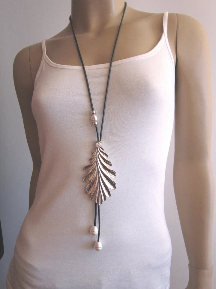 Damen Hals Kette lang Modekette Bettelkette Band Lagenlook Silber Blatt Strass ! - Bild 4 von 4