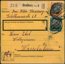 II. WK Alzacja; 100 pf. i 50 pf. Hindenburg (skrócony ząb) karta paczkowa