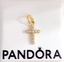 New 100%  Authentic PANDORA 14k Gold P  CZ Cross Dangle Charm Pendant 764063C01