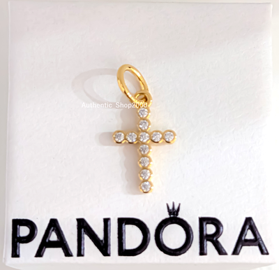 New 100% Authentic PANDORA 14k Gold P CZ Cross Dangle Charm