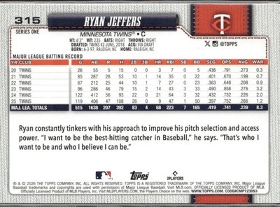 2026 Topps Series 1 Baseball Ryan Jeffers Minnesota Twins #315 | eBay