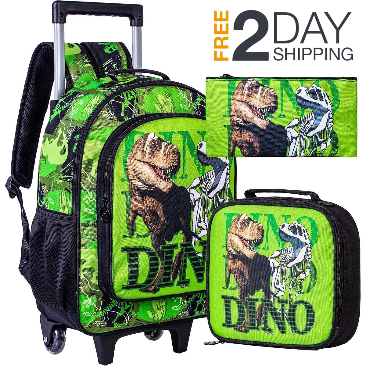 Set De Mochilas Escolares Dinosaurios Con Ruedas Lonchera y