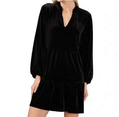CeCe Crushed Velvet Mini Babydoll Dress Black Tiered Ruffled Neckline Women s Sm