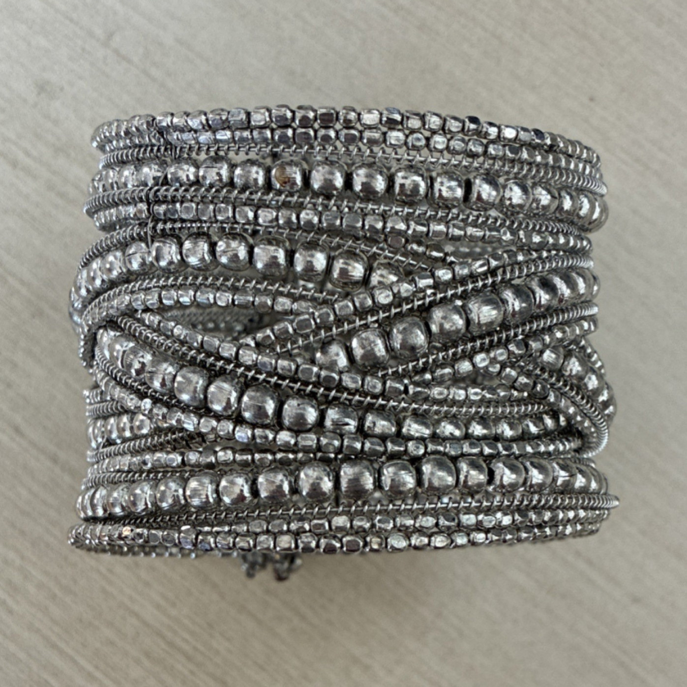 Silver Beaded Cuff Bracelet Stackable Metal Multi-Strand Fashion Jewelry