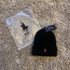 Image of Polo Ralph Lauren Black Beanie Red Logo With Tags