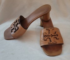 Tory Burch Ines Heeled Mules 6 Tan Shoes Stacked Logo Leather 147130 MSRP 325
