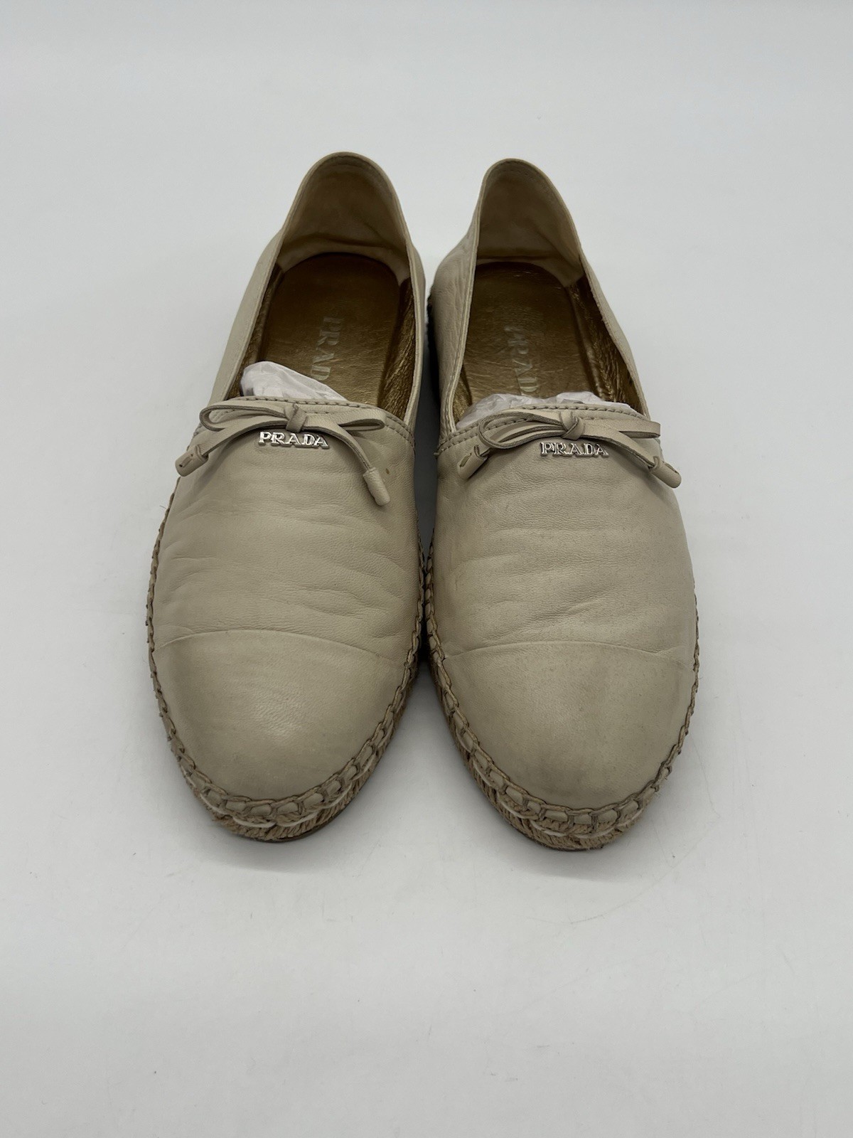Prada Beige Leather Bow Espadrilles Flat Shoes Women Size 38 US 7.5