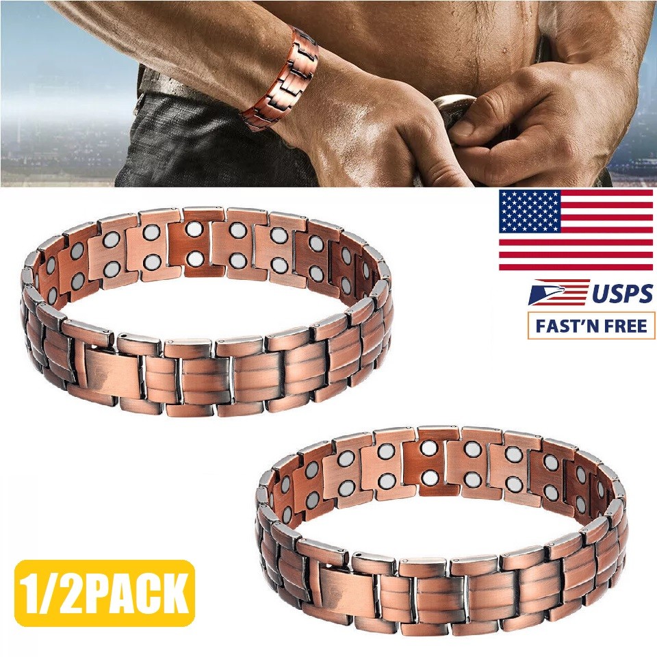 2 Pack Pure Copper Magnetic Bracelet Arthritis Pain Therapy Energy Cuff Bangle