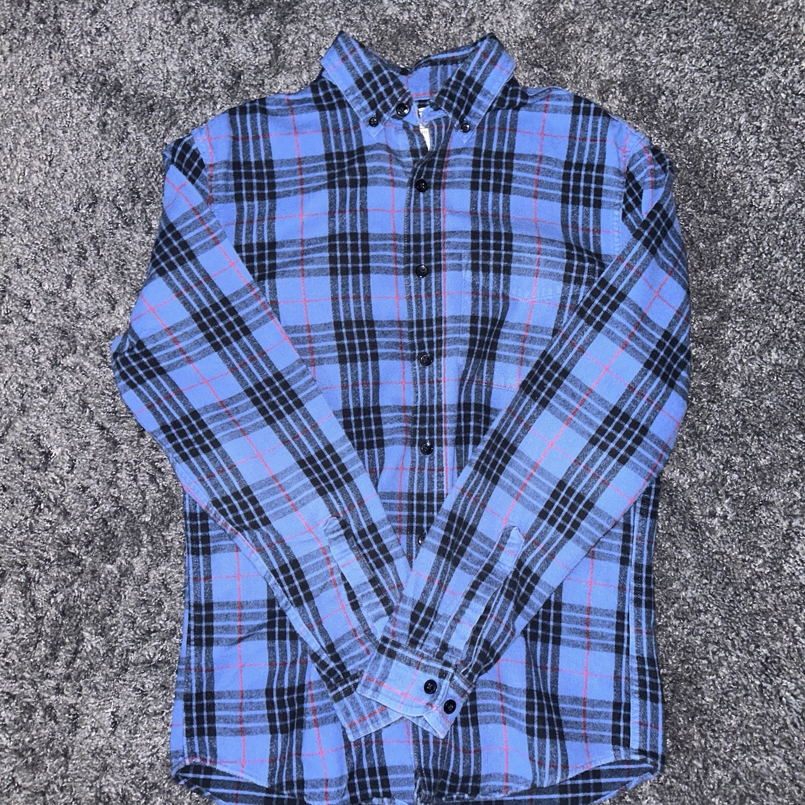 LL Bean Shirt Mens small Blue Black Plaid Flannel Button Down Slim Fit Outdoor