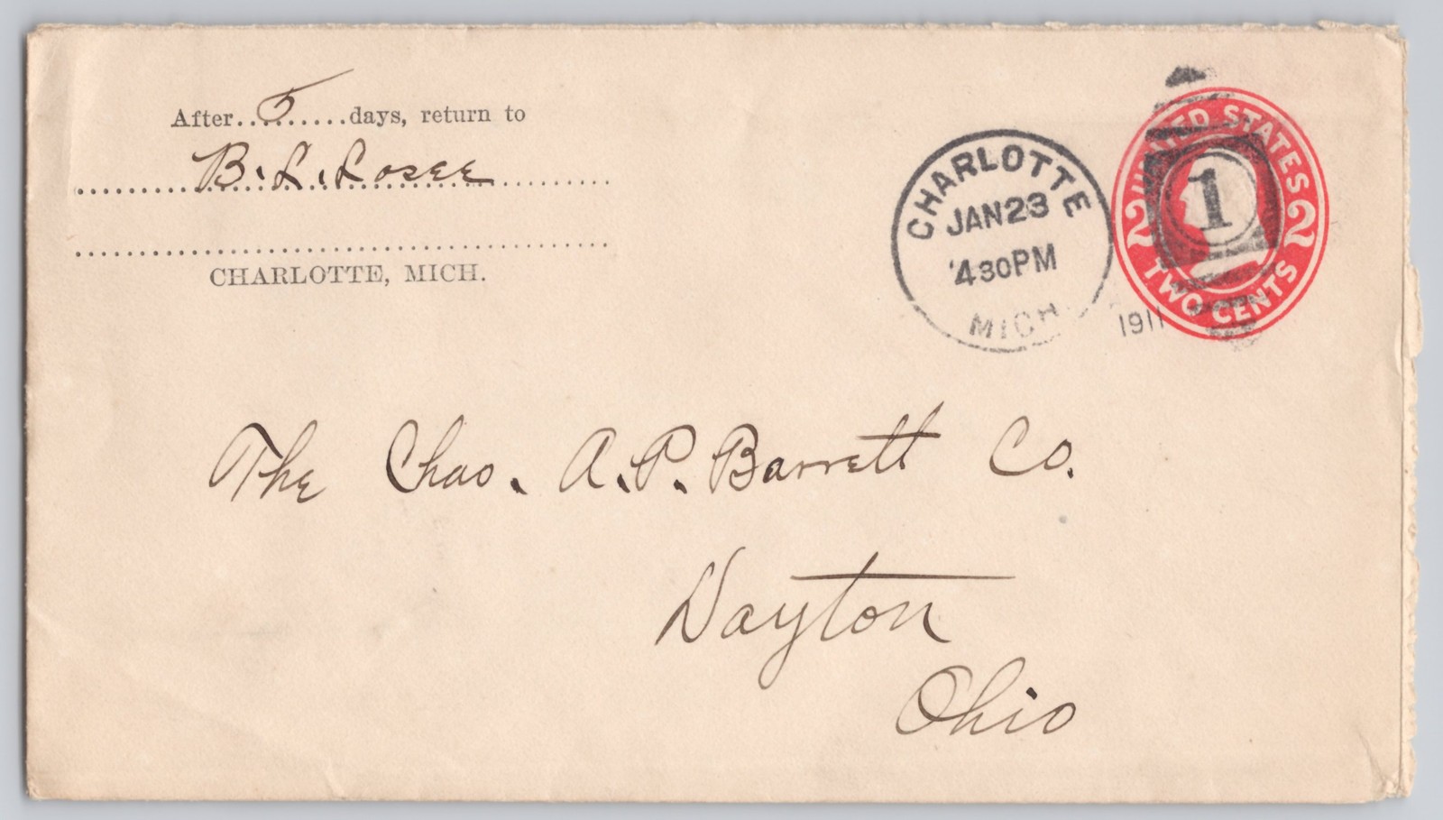 Charlotte, Mich., 2c U.S. postal-stationery envelope addressed to Dayton, Ohio