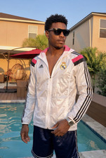 Adidas Vintage Raro Real Madrid Himno Tejido Nylon Chaqueta Blanco Rosa Neón Pequeña