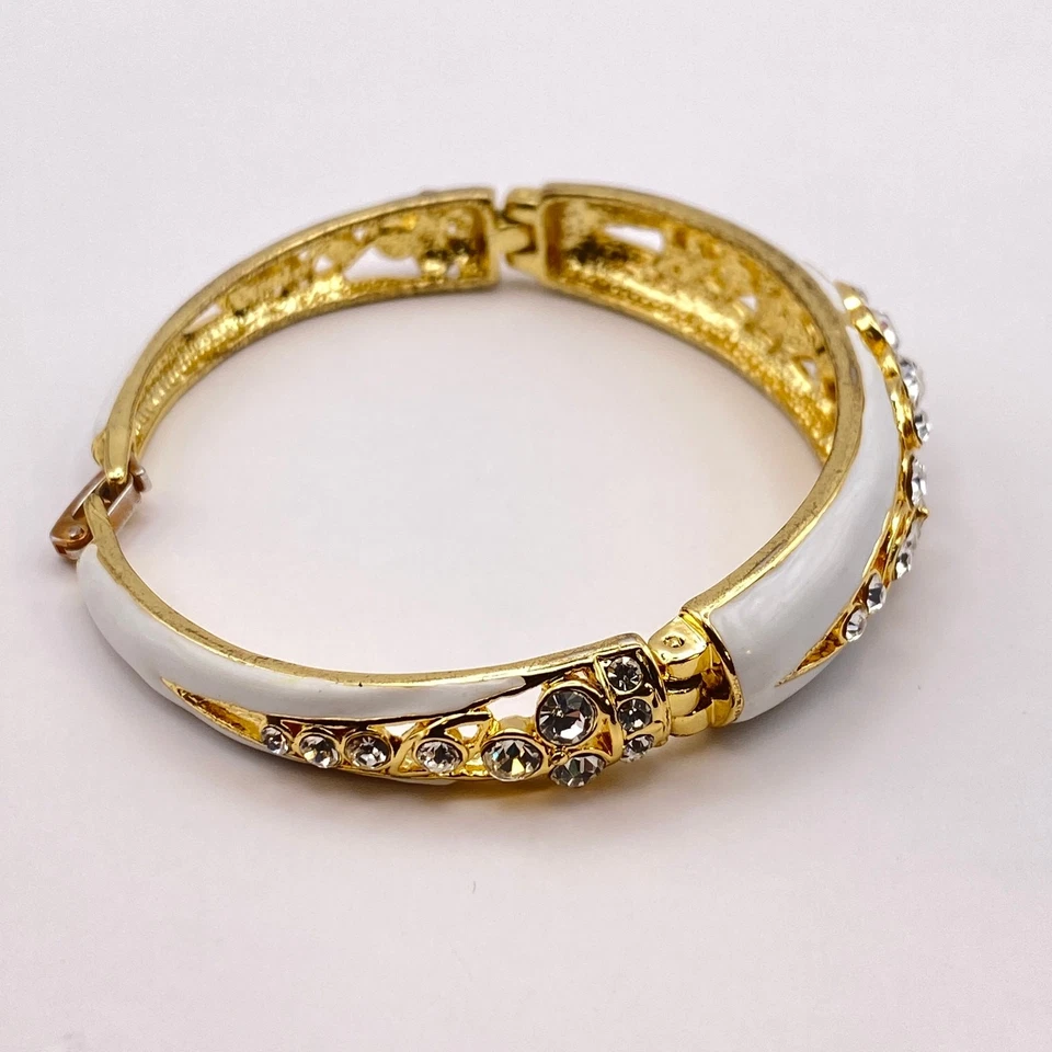 Vintage ERWIN PEARL Bracelet 10K GP White Enamel Crystal Linked Panels RARE - Image 3 of 4