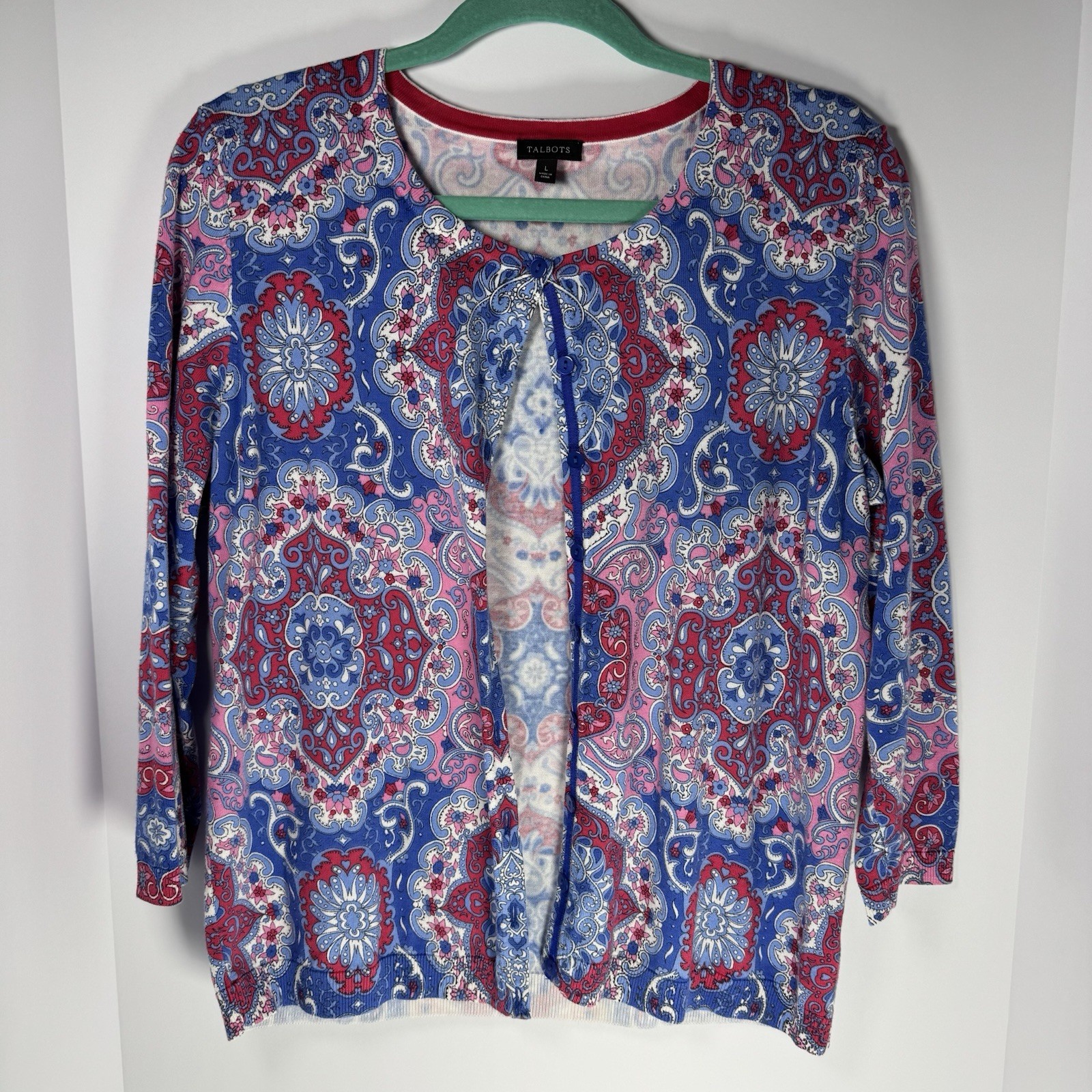Talbots Pink & Blue Paisley 3/4 Sleeve Lightweight Cardigan Sweater Large