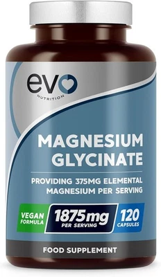 EVO NUTRITION Magnesium Glycinate Supplement - 120 Vegan Capsules | 1875mg Per Serving &...