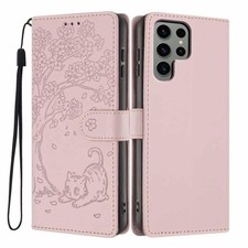Vegane Ledertasche Katzen- und Baummotiv für Samsung Galaxy S22 Ultra 5G