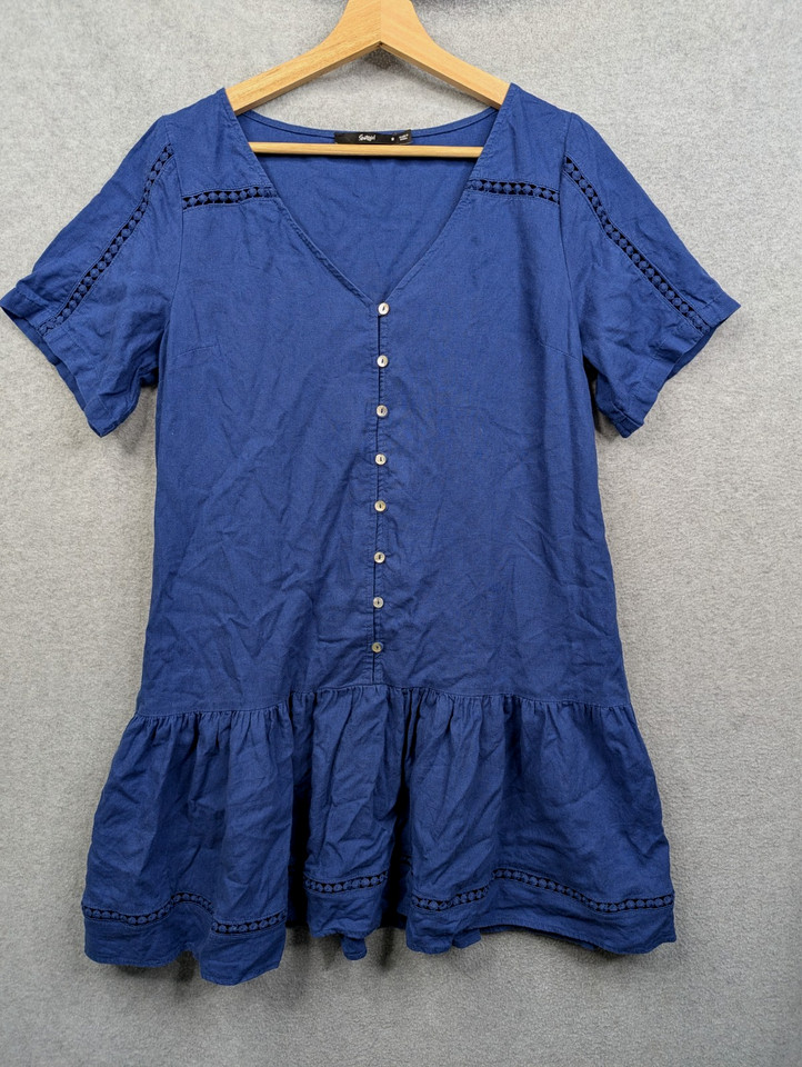 Sportsgirl Dress Womens 8 Blue Linen Viscose Blend V-Neck Casual Work Ladies