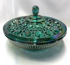 Vtg Indiana Glass Windsor Carnival Glass Candy Bowl w/ Lid Teal Green Iridescent
