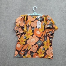 DR2 Women Blouse M Orange Yellow Floral Short Flutter Sleeve Keyhole NWT