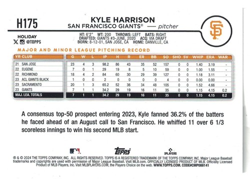 Kyle Harrison San Francisco Giants Topps Holiday 2024 #H175 Baseball Card - Picture 2 of 2