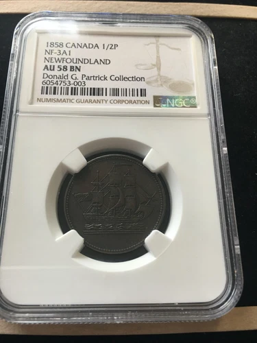 1858  Canada  NF-3A1, Breton #955, NGC Graded**AU-58** Newfoundland Token