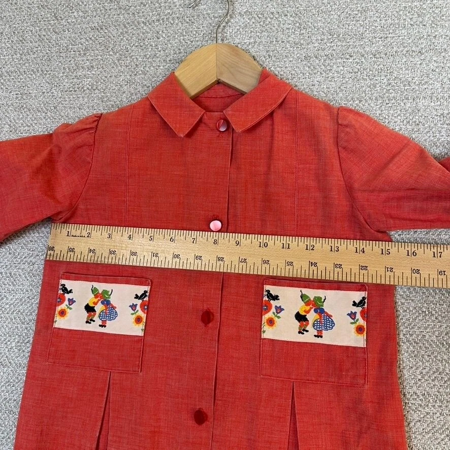 Vtg Sz L 9/10 Red Cotton Dress Coat Dutch Folk Art Pockets Button Girls - Image 4 of 4