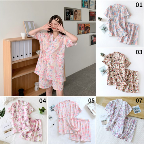 Japanese Kimono Pajamas Set Gauze Cotton Sleepwear Sakura Yukata Sauna Suit - Picture 2 of 17