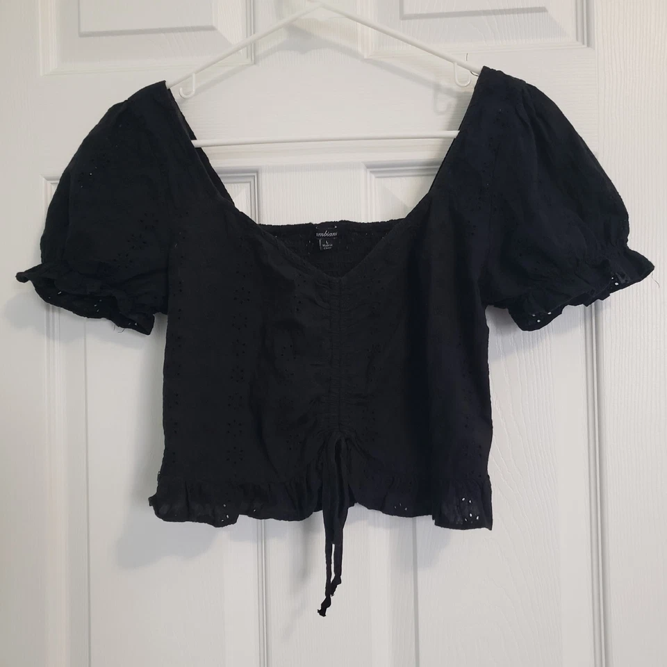 Ambiance Crop Smocked Top Size L Black Puff Sleeve Eyelet Ruffle Boho Festival - Image 2 of 4