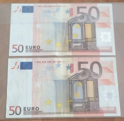 #ad Coppia 50 Euro Fuori Corso Firme Draghi J100 Trichet J050 ITALIA 2002 EUR 160.00