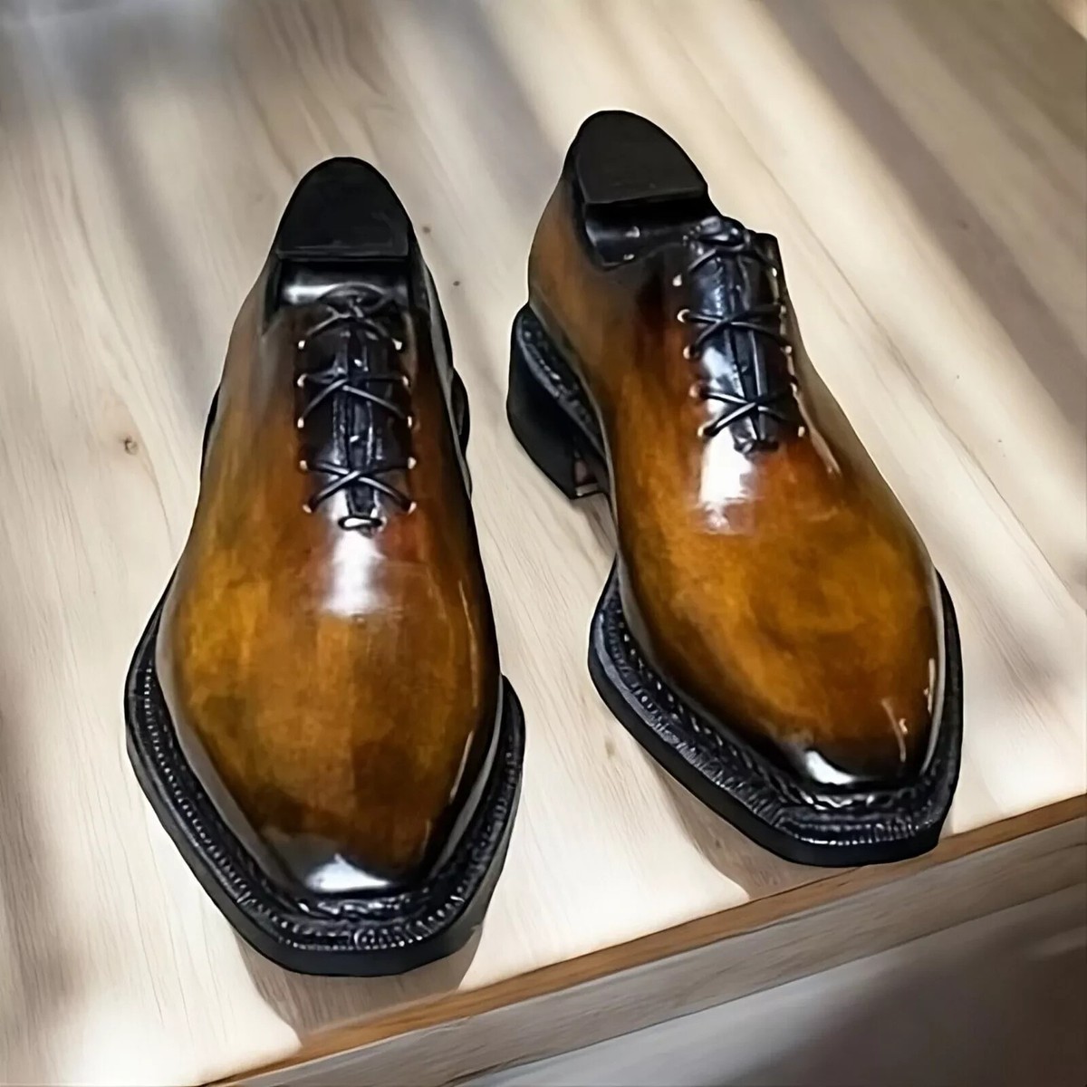 Tan Patina Wholecut Oxford Dress Shoes Medallion Toe Oxford- Tan Dress Shoes for Men by Lethato main image 3