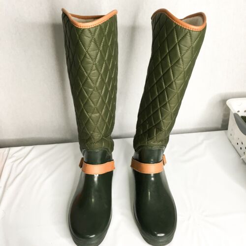 EUC Sperry Hingham Tall Quilted Pull On Rain Boots Green Tan Womens Size 7/8 - Picture 5 of 7