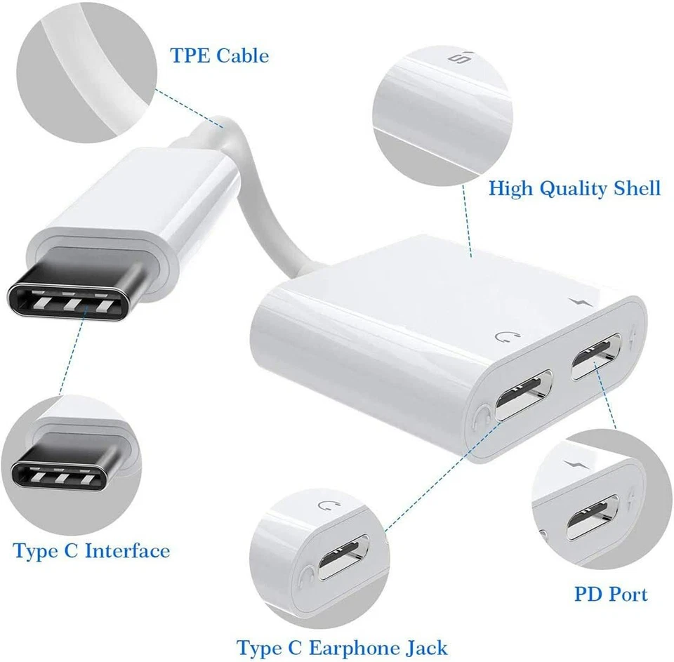 USB Type C Dual 2 IN 1 Splitter Audio Adapter Headphones Shop And Music - Image 2 of 4