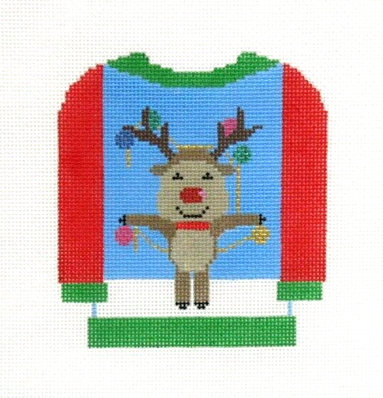 The Collection Reindeer Sweater Ornament Handpainted Needlepoint Canvas