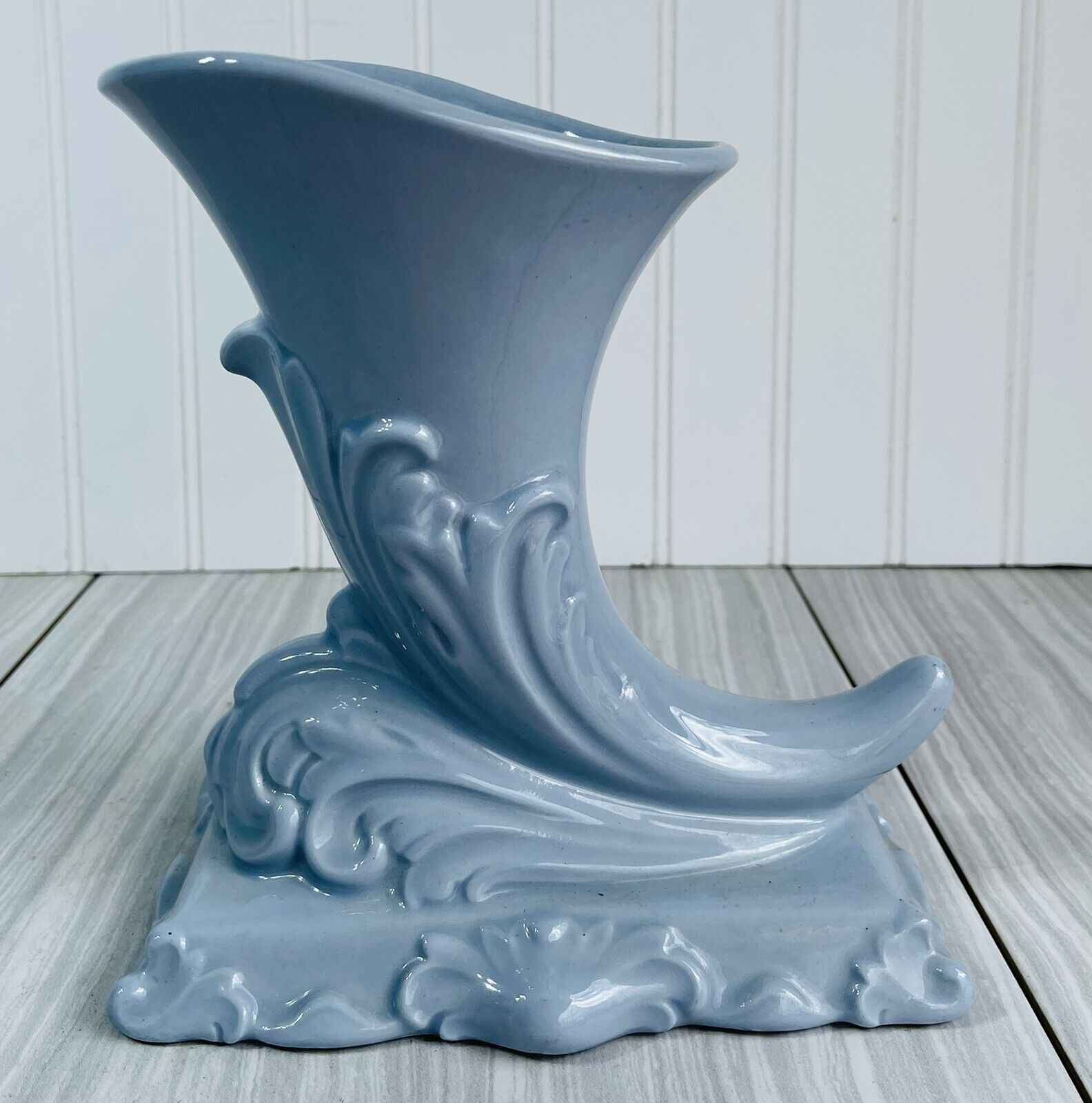 Vintage Light Blue Ceramic Cornucopia Marked 420 K — Large